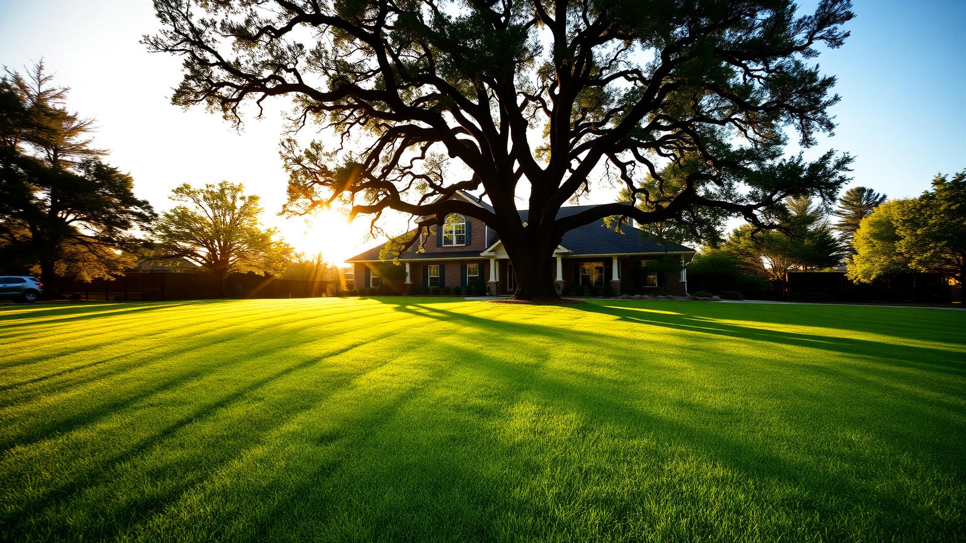 Freshly mowed lawn with mature oak tree in Round Rock, TX
