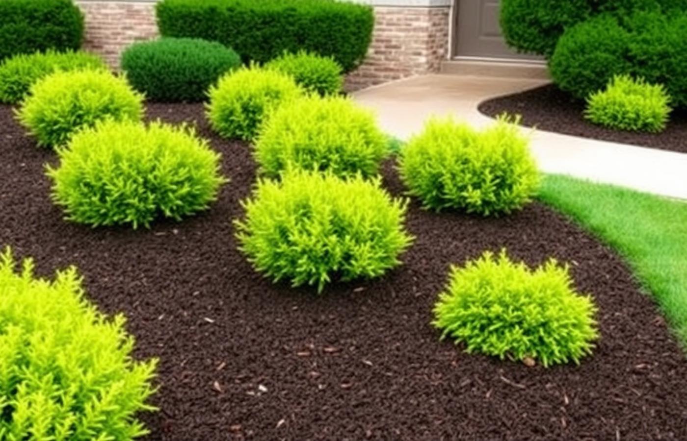 Freshly mulched beds with trimmed shrubs