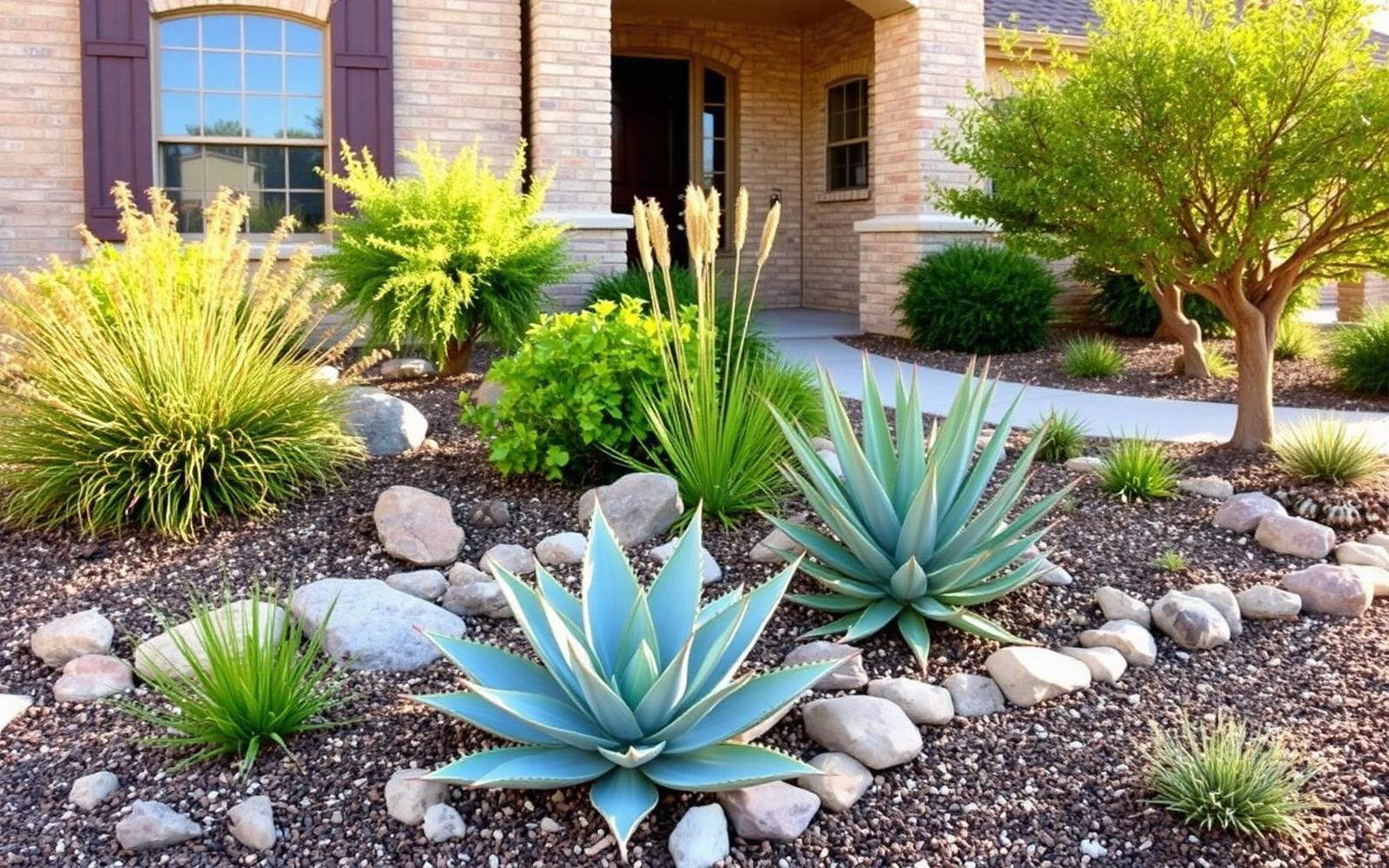 Xeriscape front yard with agave and native grasses